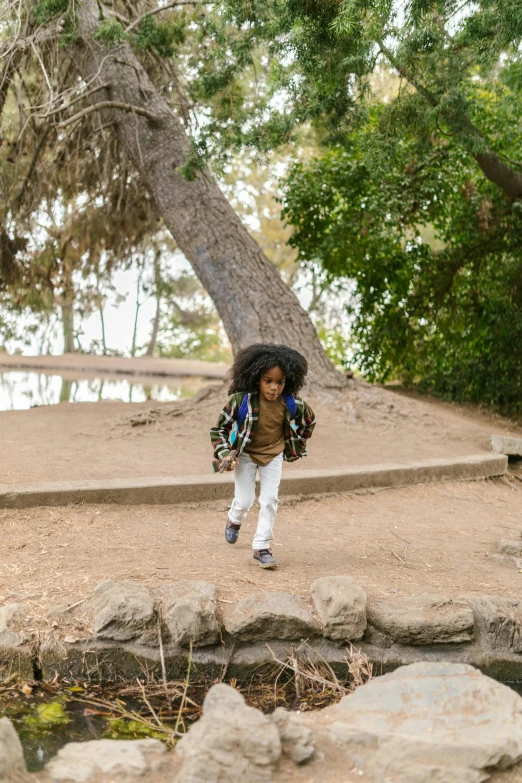 a little girl that is standing in the dirt, inspired by Andy Goldsworthy, unsplash, black man with afro hair, flying trees and park items, malibu canyon, walking boy