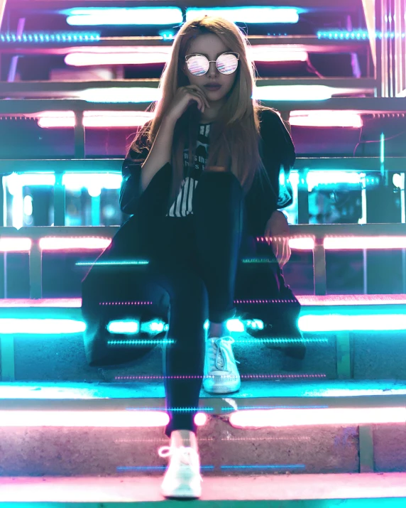 a woman sitting on top of a set of stairs, trending on unsplash, holography, neon accent lights, girl with glasses, low quality photo, lgbtq