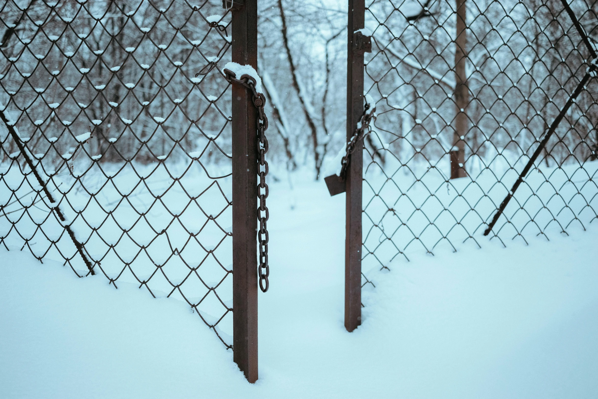 a chain link fence is covered in snow, inspired by Elsa Bleda, pexels contest winner, entrance to abandoned mine, lock, instagram photo, outdoor photo