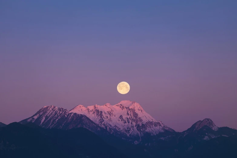 a full moon rising over a mountain range, by Niko Henrichon, trending on unsplash, minimalism, pink moon, ☁🌪🌙👩🏾, whistler, chamonix