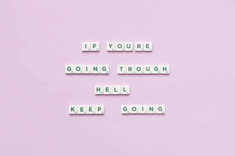 a sign that says if you're going through hell, keep going, by Jeka Kemp, trending on pexels, on a pale background, pastel purple background, background image, barbara kruger