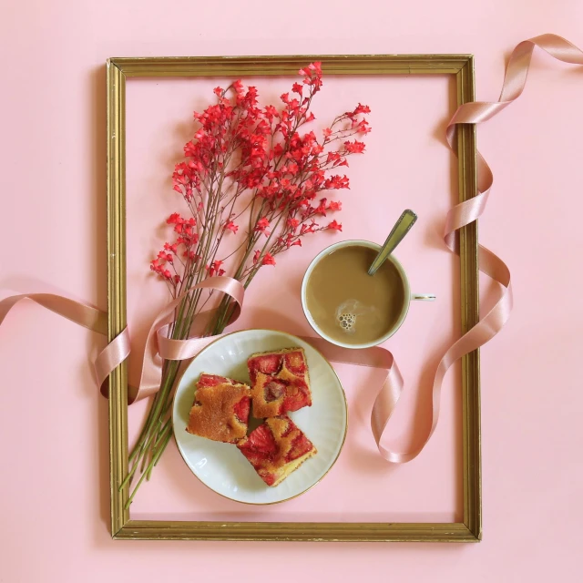 a picture of a plate of food and a cup of coffee, a still life, by Julia Pishtar, pexels contest winner, romanticism, pink and red color style, square pictureframes, ribbons and flowers, avant garde coral