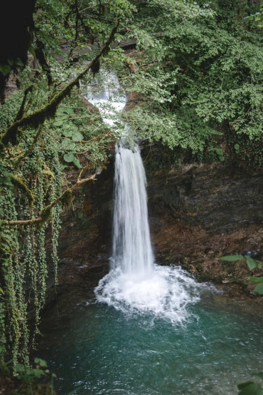 a waterfall in the middle of a lush green forest, hurufiyya, deep clear pools of water, less detailing