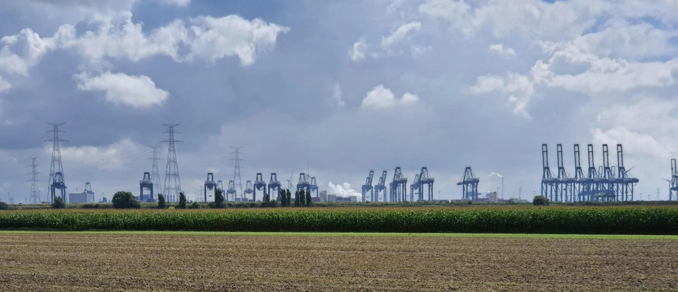 a large field with power lines in the background, by Matthias Stom, pexels contest winner, renaissance, shipping docks, corn, joel sternfeld, 2022 photograph