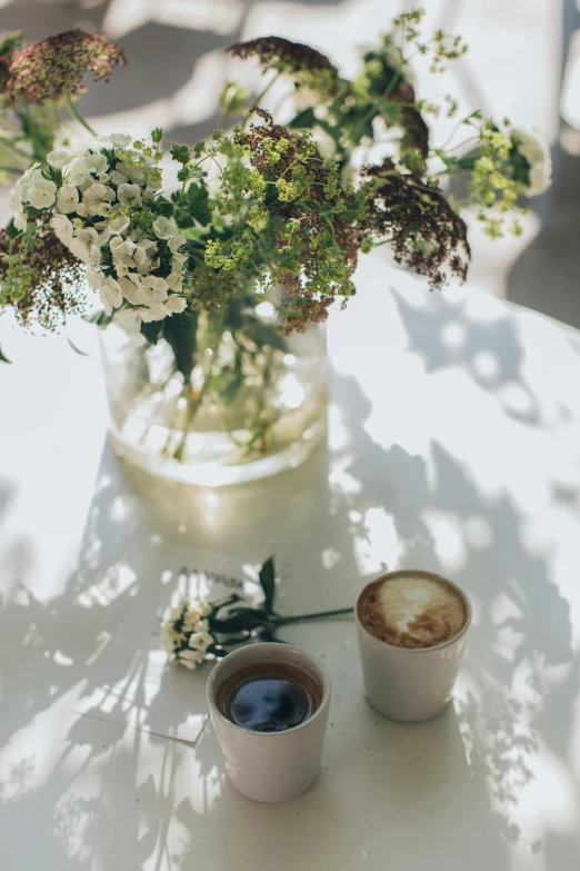 two cups of coffee sitting on top of a table, by Niko Henrichon, trending on unsplash, romanticism, white flowers, sun dappled, ignant, plants and patio