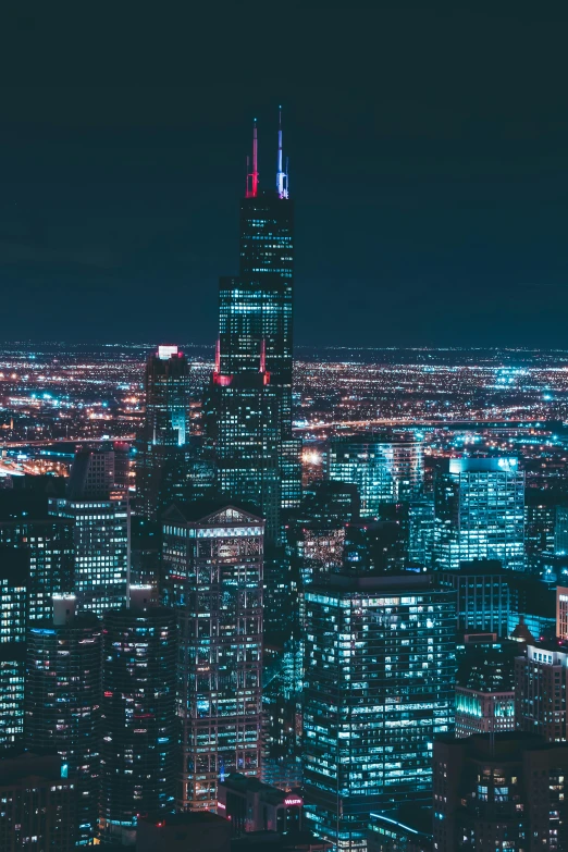 a view of a city at night from the top of a building, chicago skyline, teal aesthetic, blue and red lights, cities