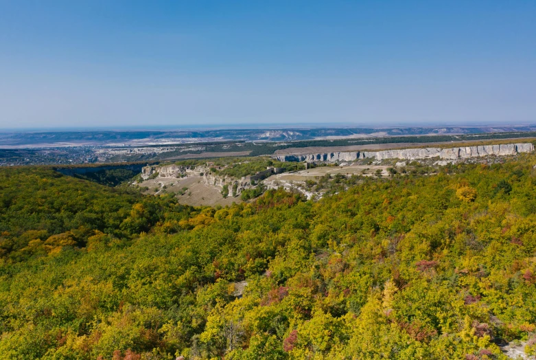 a scenic view of a valley surrounded by trees, by Alexander Fedosav, pexels contest winner, les nabis, rostov, limestone, panels, autum