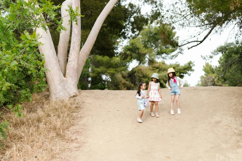 a couple of little girls walking down a dirt road, unsplash, mulholland drive, people on a picnic, against the backdrop of trees, botanic garden