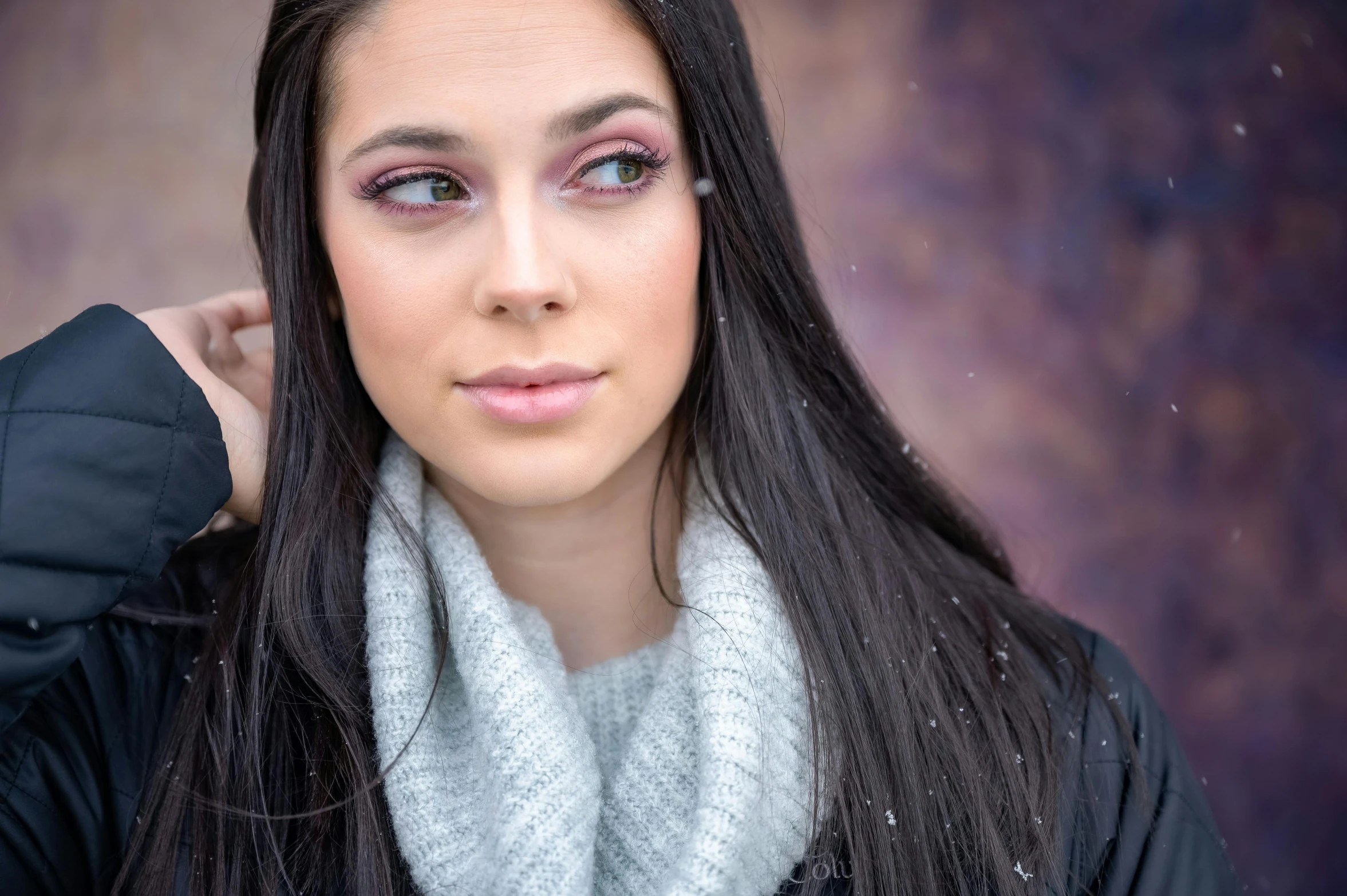 a woman with long black hair wearing a scarf, a portrait, trending on pexels, beautiful nordic woman, portrait image, coloured photo