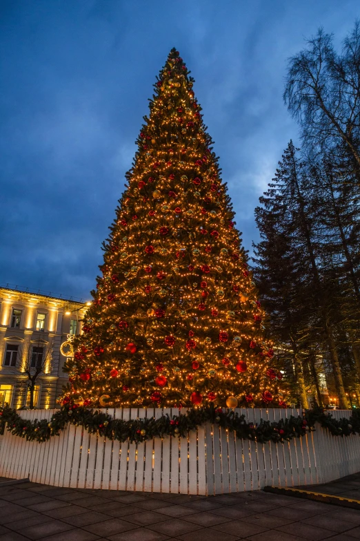 a large christmas tree in front of a white fence, by Serhii Vasylkivsky, city square, exterior, square, lit from bottom