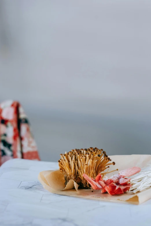 a close up of a plate of food on a table, a still life, unsplash, coral headdress, made of spaghetti, textile, sea anemone