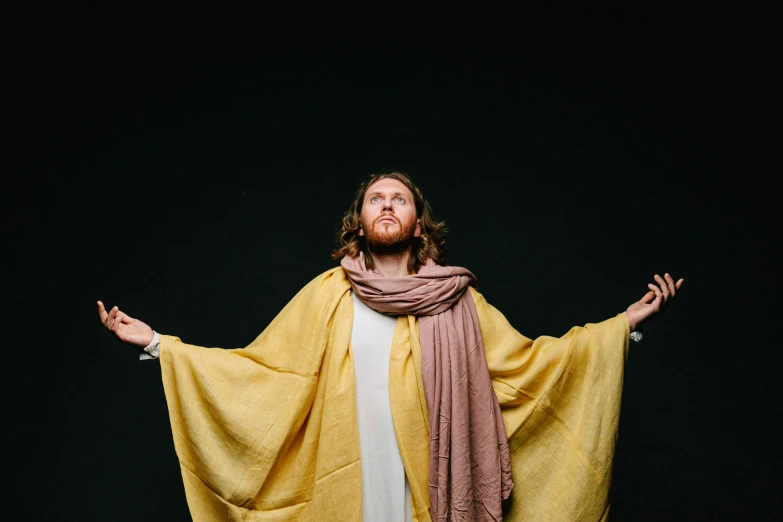 a man dressed in a yellow robe and scarf, an album cover, by Everett Warner, unsplash, renaissance, jesus, full body image, 15081959 21121991 01012000 4k, easter