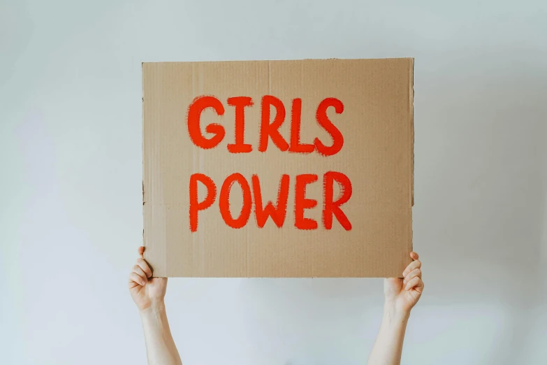 a person holding a sign that says girls power, trending on pexels, made of cardboard, grid, children's, profile image