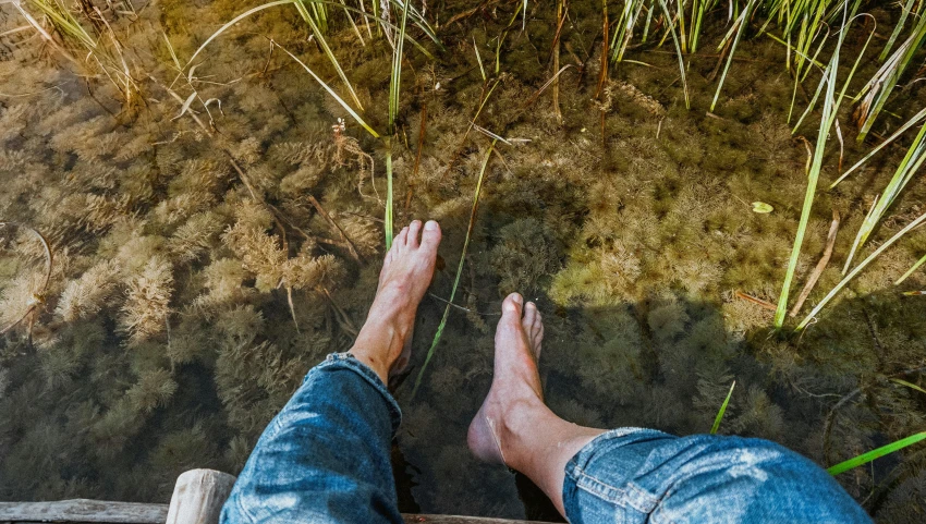 a person standing next to a body of water, algae feet, sitting down casually, permaculture, holiday season