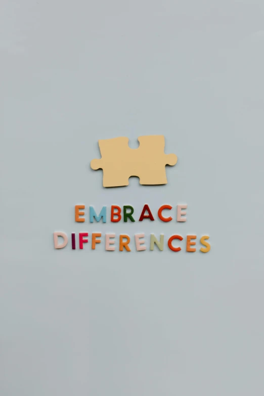 a close up of a puzzle piece with the words embrace differences, unsplash, 2 5 6 x 2 5 6, on a gray background, golden rule, half image