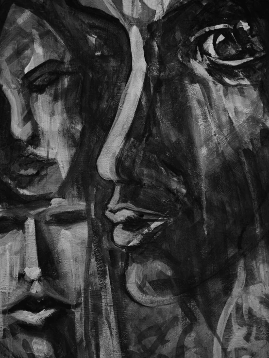 a black and white painting of two women, a charcoal drawing, by Dóra Keresztes, closeup at the faces, abstract painting in black, two men, ilustration