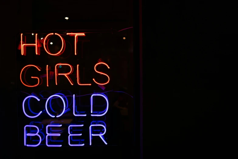 a neon sign that says hot girls cold beer, pexels, sots art, cold freezing nights, journalism photo, gilt metal, lgbtq