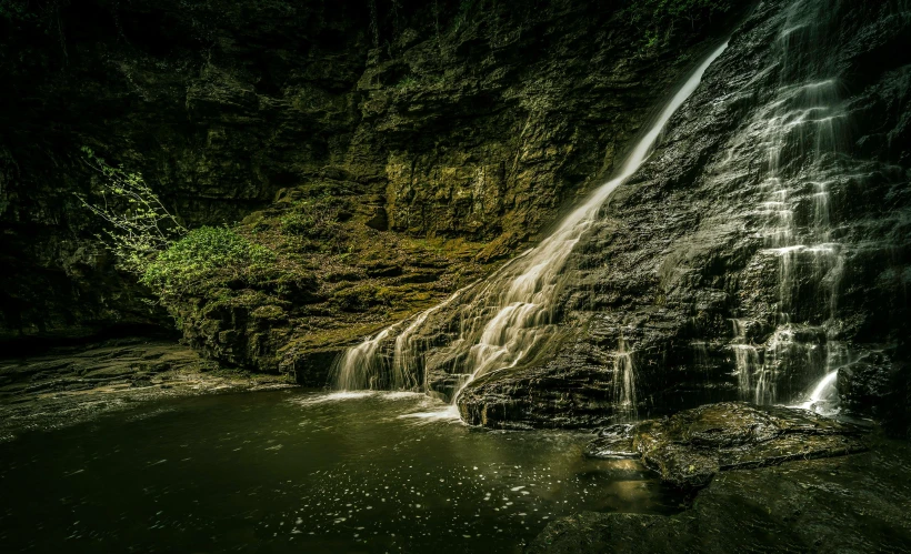 a waterfall in the middle of a forest, by Sebastian Spreng, pexels contest winner, hurufiyya, 4 k hd wallpapear, dark green water, sandfalls, slide show