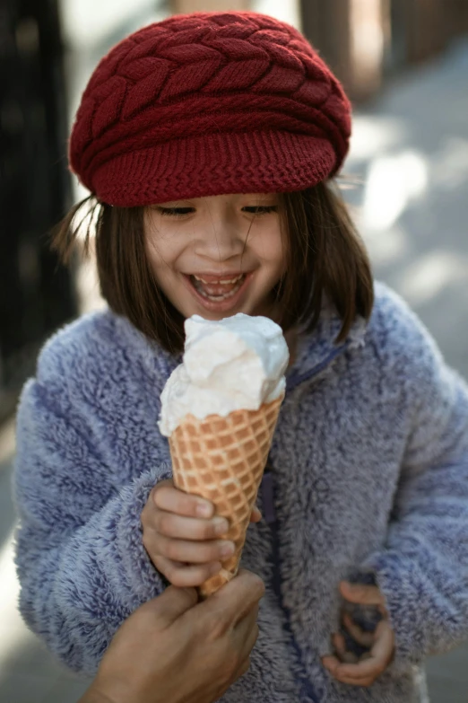 a little girl eating an ice cream cone, pexels contest winner, renaissance, berets, covered in ice, brooklyn, thumbnail