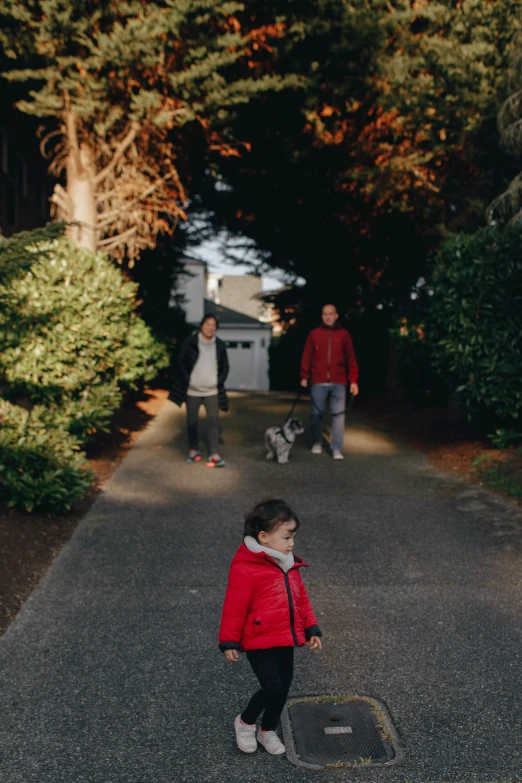 a little girl in a red jacket riding a skateboard, unsplash, happening, portrait of family of three, walking through a suburb, at twilight, with dogs