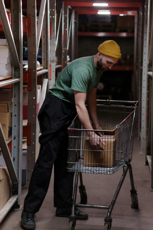 a man pushing a shopping cart in a warehouse, pexels, arbeitsrat für kunst, animation still, wearing cargo pants, curated collections, feels good man