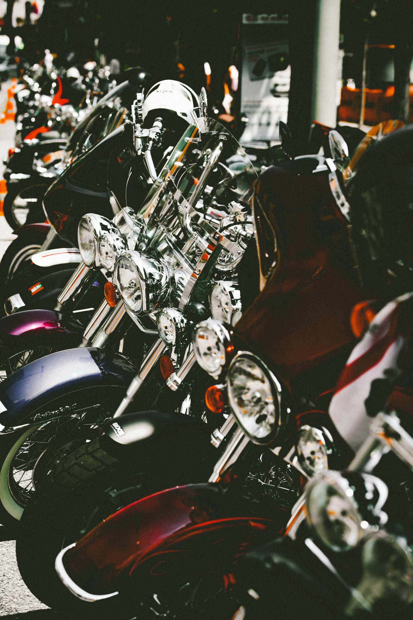 a row of motorcycles parked next to each other, pexels contest winner, chrome hearts, toys, 🚿🗝📝, neck zoomed in