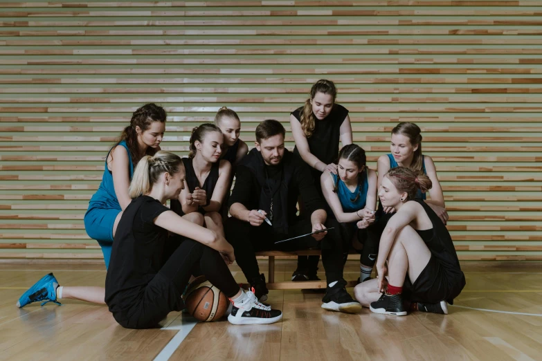 a group of young women sitting on top of a basketball court, an album cover, unsplash, danube school, profile image, ilya golitsyn, performance, 278122496