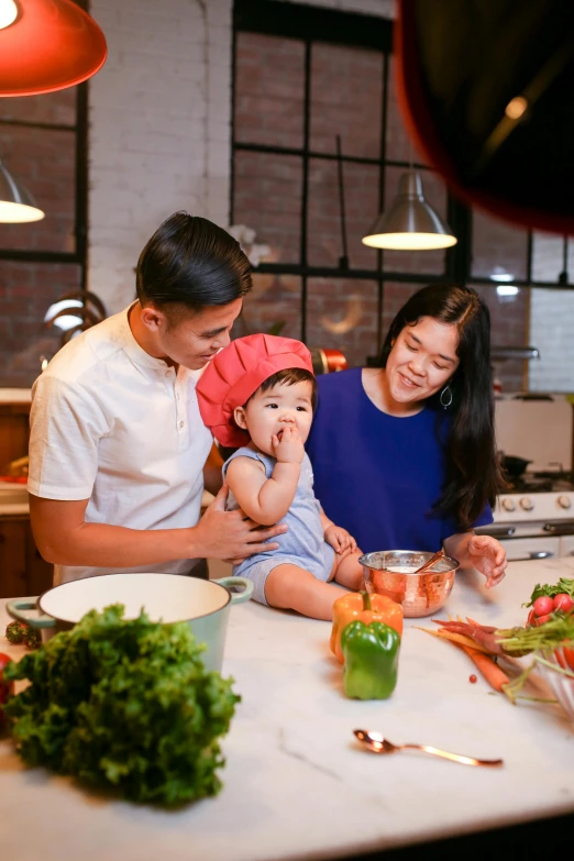 a group of people in a kitchen preparing food, pexels contest winner, portrait of family of three, miko, profile image, promotional image