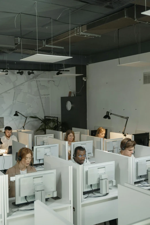 a group of people working on computers in an office, pexels, renaissance, working in a call center, ignant, grey shift, pixelated