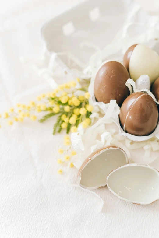 a white plate topped with chocolate eggs and flowers, by Elizabeth Durack, unsplash, eggshell color, holiday, linen, ilustration