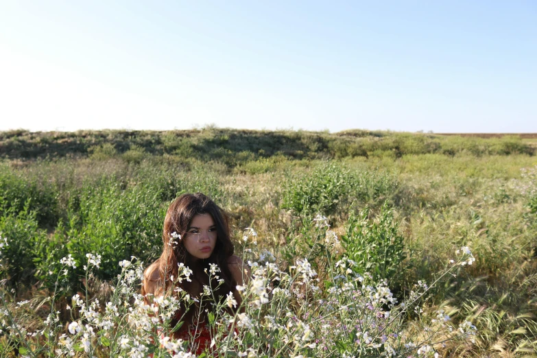 a woman standing in a field of flowers, an album cover, by Pamela Ascherson, land art, near the beach, in the steppe, dua lipa, profile image