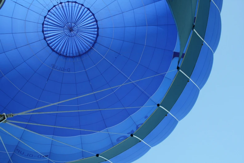 the inside of a blue hot air balloon, by David Simpson, pexels contest winner, arabesque, cloudless sky, panoramic shot, looking upwards, green and blue