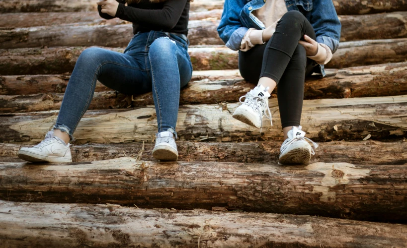 a couple of women sitting on top of a pile of logs, trending on pexels, blue jeans and grey sneakers, teenagers, sitting on a curly branch, walking down