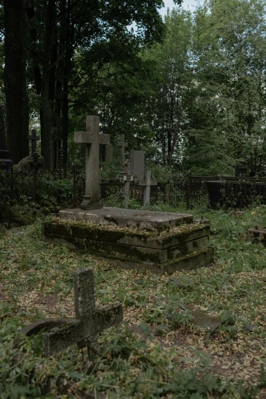 a cemetery with tombstones and trees in the background, an album cover, by Attila Meszlenyi, unsplash, deteriorated, orthodox, placed in a lush forest, parce sepulto