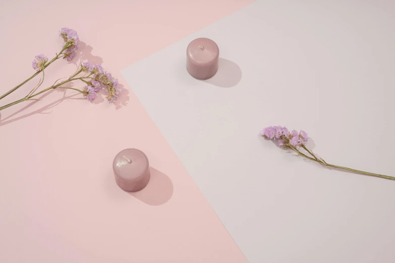 a couple of candles sitting on top of a pink and white surface, a picture, inspired by Agnes Martin, trending on pexels, color field, lilacs, rendered in povray, shot with sony alpha 1 camera, sleek round shapes
