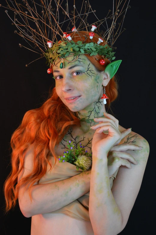 a woman with red hair and a wreath on her head, inspired by Wendy Froud, reddit, bodypaint, fullbody photo, teen elf, 1614572159