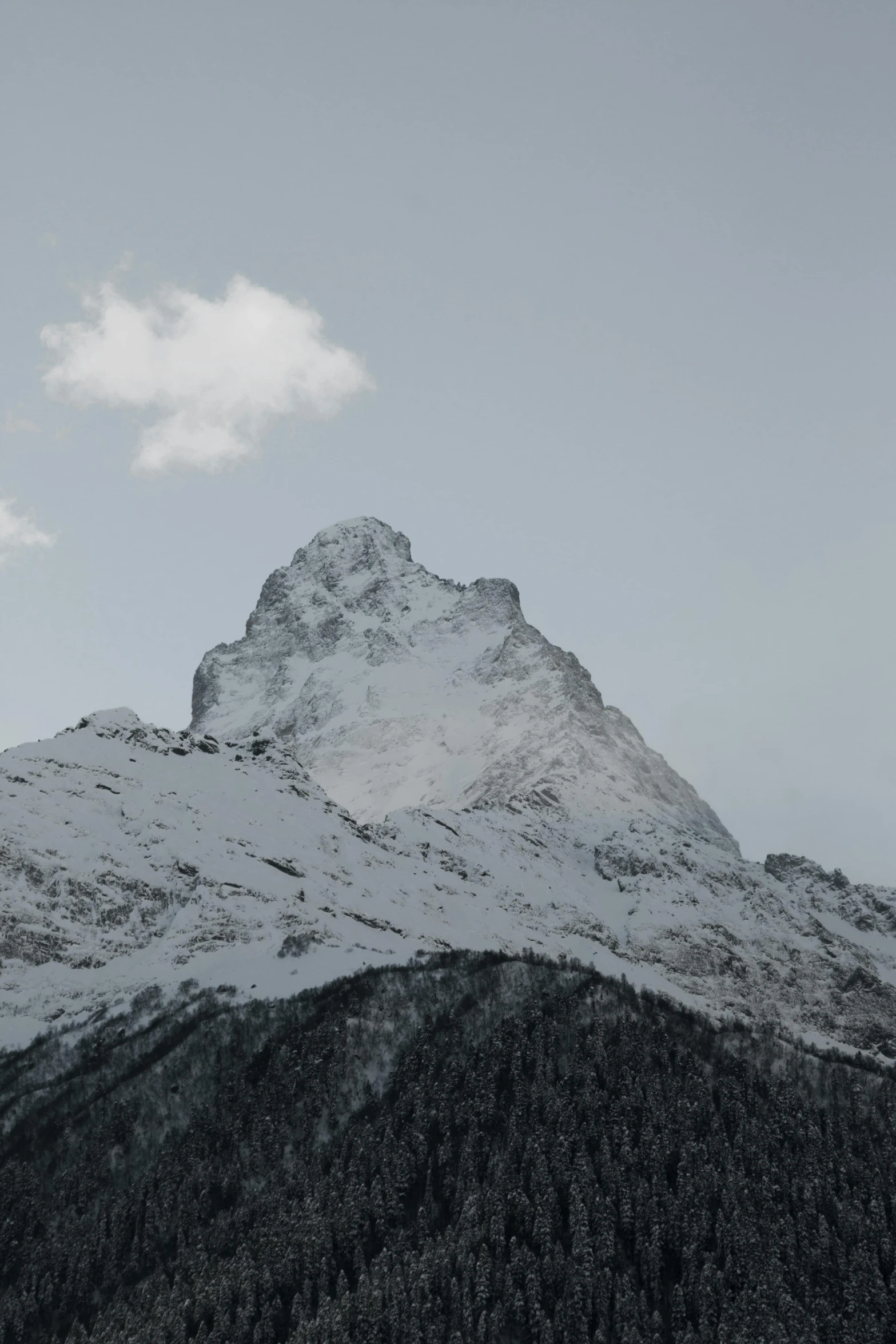 a black and white photo of a snow covered mountain, by Daniel Seghers, trending on unsplash, postminimalism, clear skies, spire, brown, swiss design