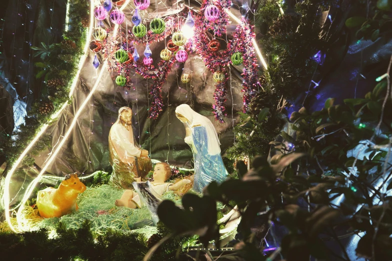 a nativity scene in the middle of a forest, inspired by David LaChapelle, pexels, hurufiyya, 👰 🏇 ❌ 🍃, the garden of eden, intricate sparkling atmosphere, lofi