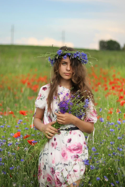 a woman standing in a field of flowers, a picture, russian girlfriend, beautiful portrait image, trending photo, children's