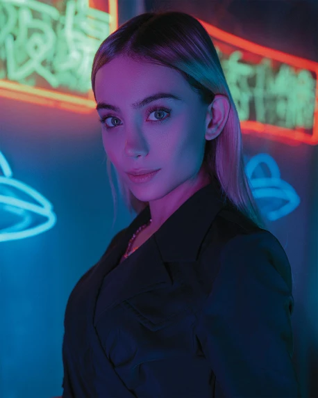 a woman standing in front of neon signs, an album cover, pexels contest winner, antipodeans, amouranth, in intergalactic hq, neon operator margot robbie, attractive androgynous humanoid