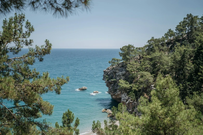 a large body of water surrounded by trees, pexels contest winner, les nabis, mediterranean beach background, looking down a cliff, maritime pine, turkey