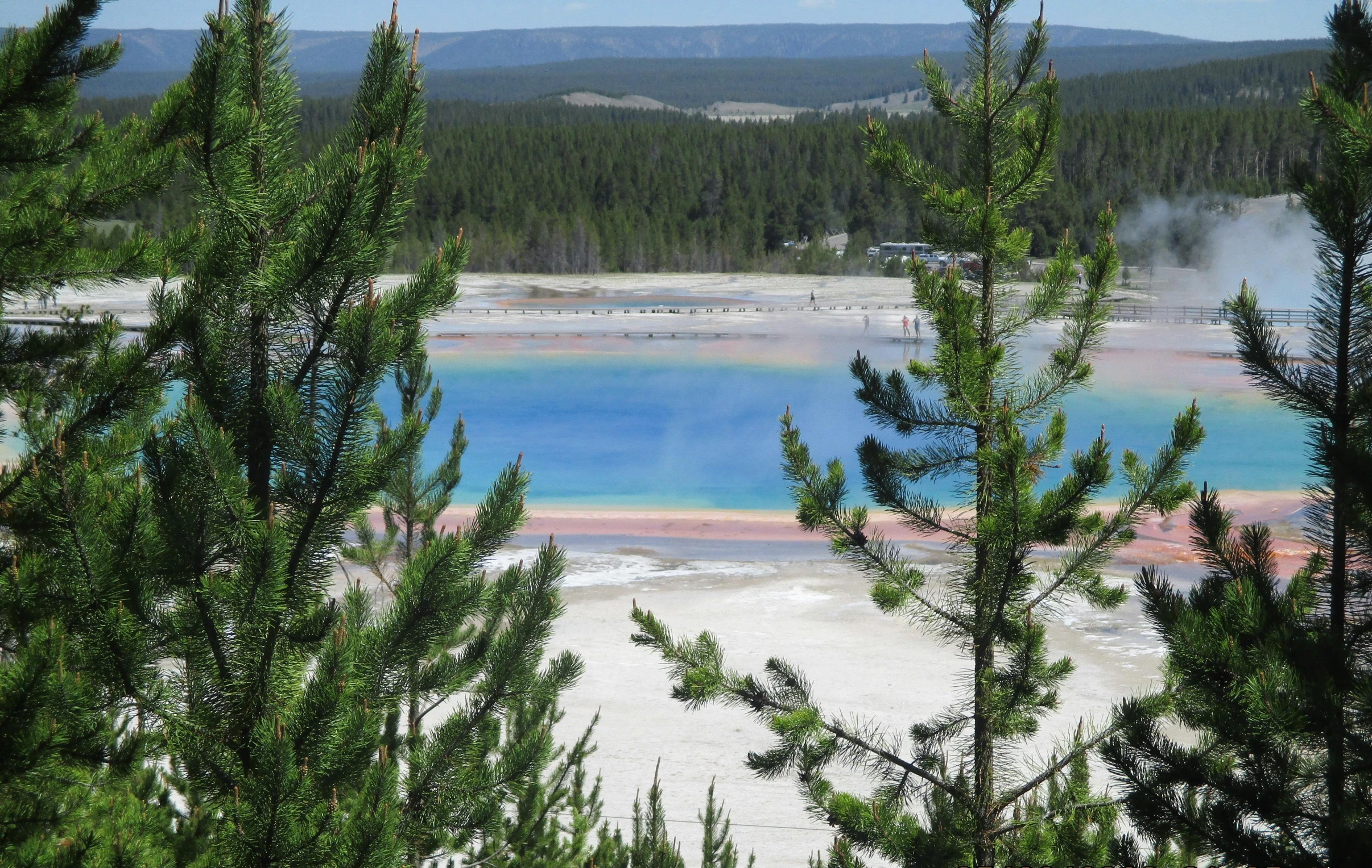 a large body of water surrounded by trees, by Jessie Algie, unsplash contest winner, land art, muted rainbow tubing, wyoming, beach on the outer rim, colorful robes