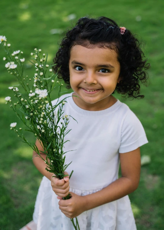 a little girl holding a bunch of flowers, pexels contest winner, she has olive brown skin, chamomile, next gen, grass and flowers