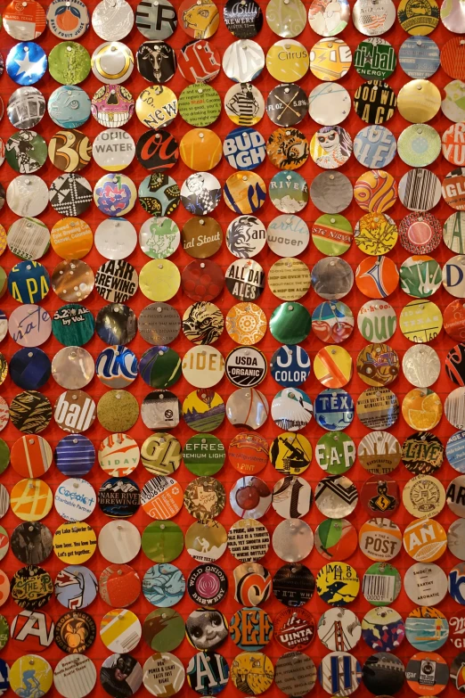 a wall covered in lots of different types of buttons, flickr, soda cans, fenway park, made of paperclips, 1960s-era