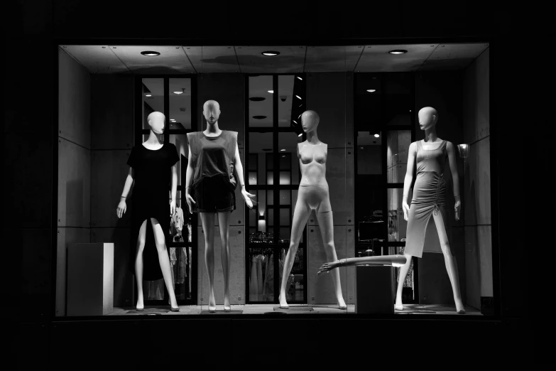 a black and white photo of mannequins in a window, by Kristian Kreković, pexels contest winner, women full body, award winning shopfront design, nights, rectangle