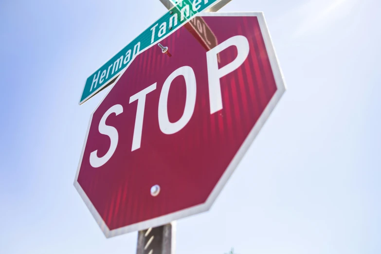 a red stop sign sitting under a street sign, by Emanuel Witz, signed, single image