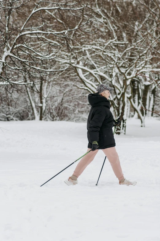 a woman is walking in the snow with skis, pexels contest winner, renaissance, walking at the park, grey, neoprene, non-binary