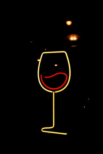 a lit up wine glass in the dark, a photo, by Doug Ohlson, pop art, gigantic neon signs, but very good looking”
