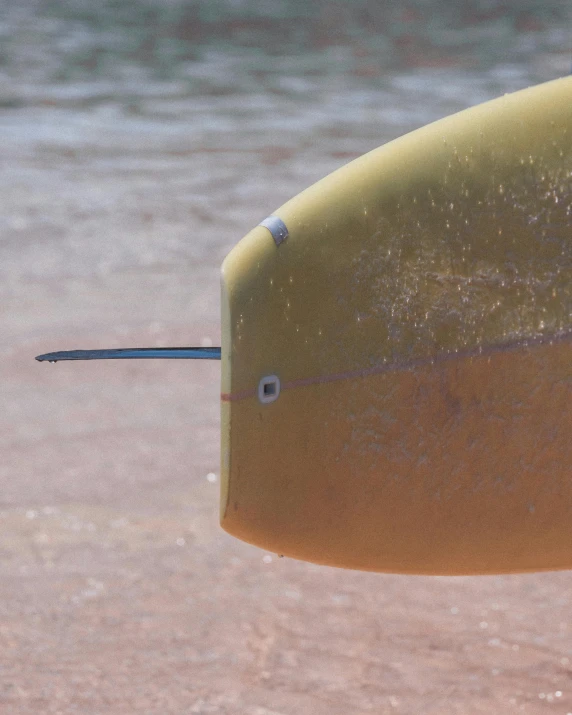 a yellow surfboard sitting on top of a sandy beach, up-close, fishing pole, pictured from the shoulders up, large tongue