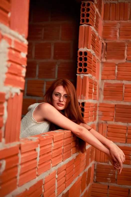 a beautiful young woman leaning against a brick wall, a picture, by Ivan Grohar, pexels contest winner, construction, red head, transparent background, indoor picture